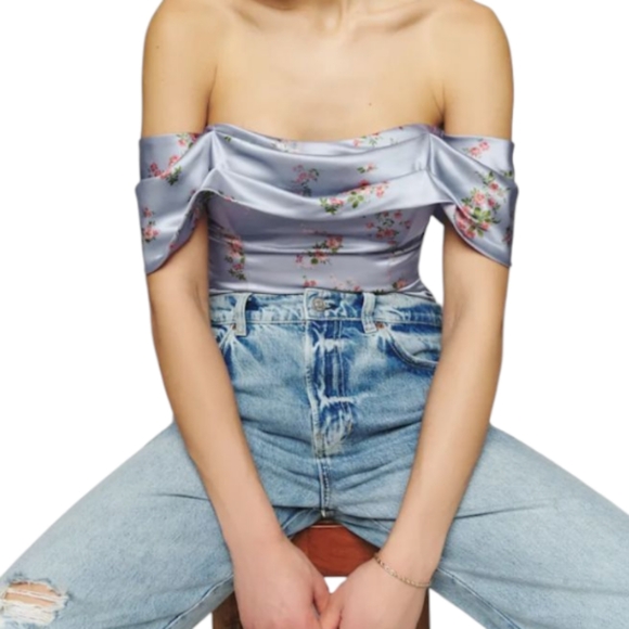Reformation Tops - NWT Reformation Lux Silk Top Melba Lavender Floral Print Off Shoulder Size 0